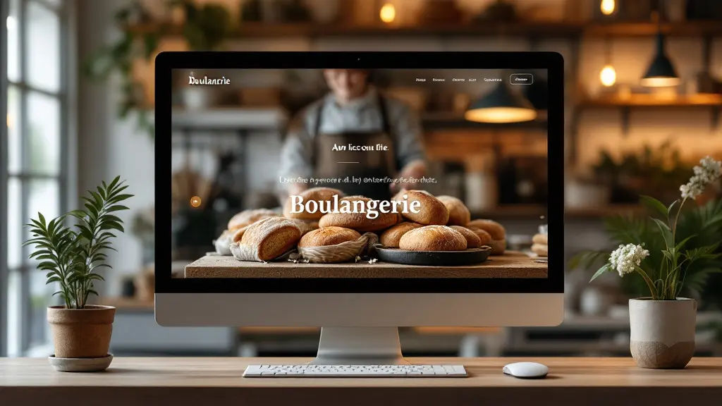 Maquette du site vitrine d'une boulangerie artisanale, page d'accueil sur écran